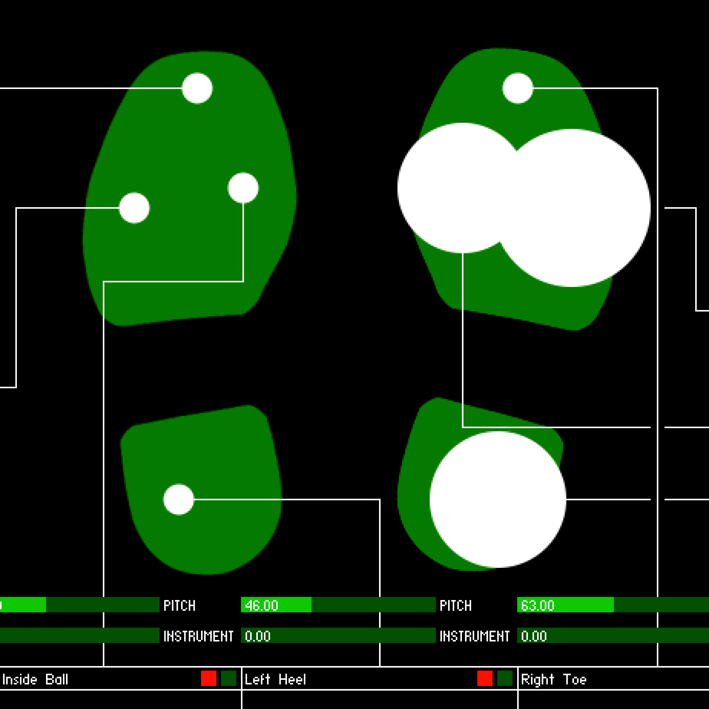 Schematic illustration of shoe soles with white electrical traces.