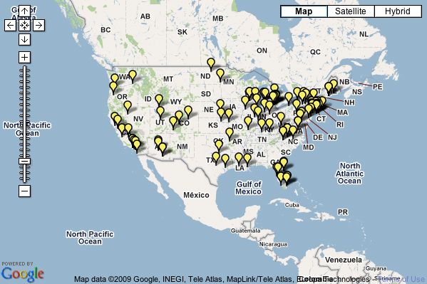 Map of the United States with locations of public live webcam feeds pinned
