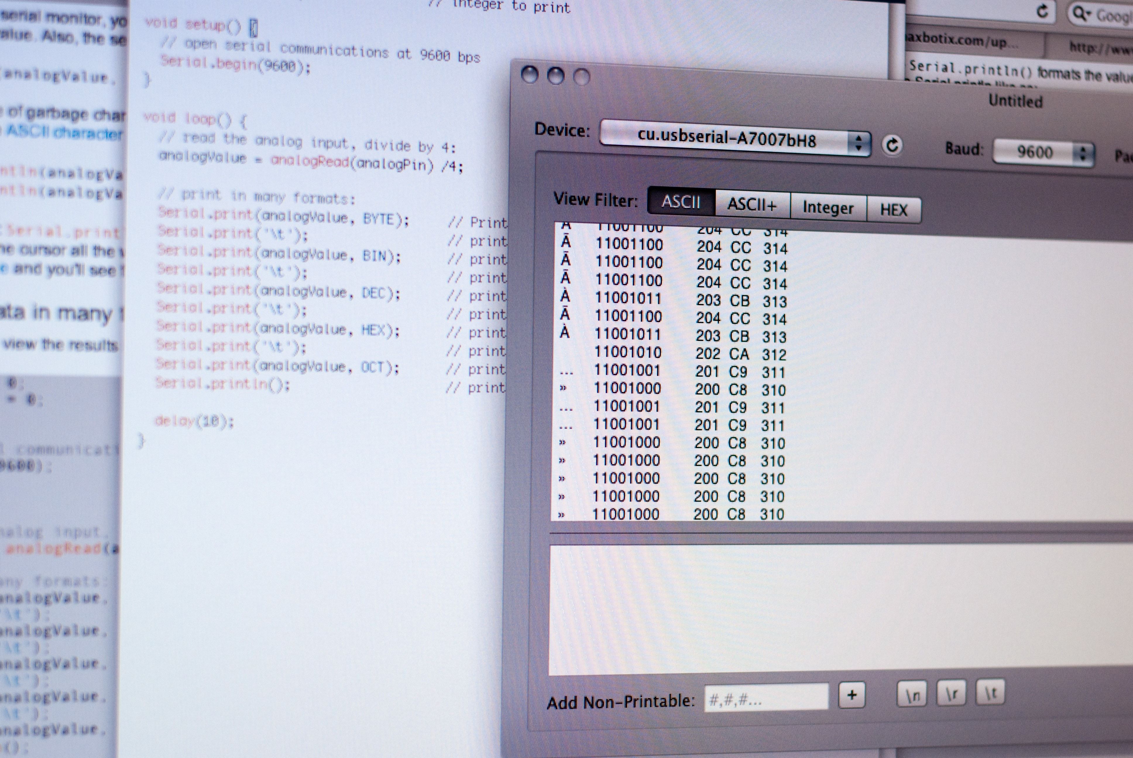 A screenshot of data streaming in from a serial connection