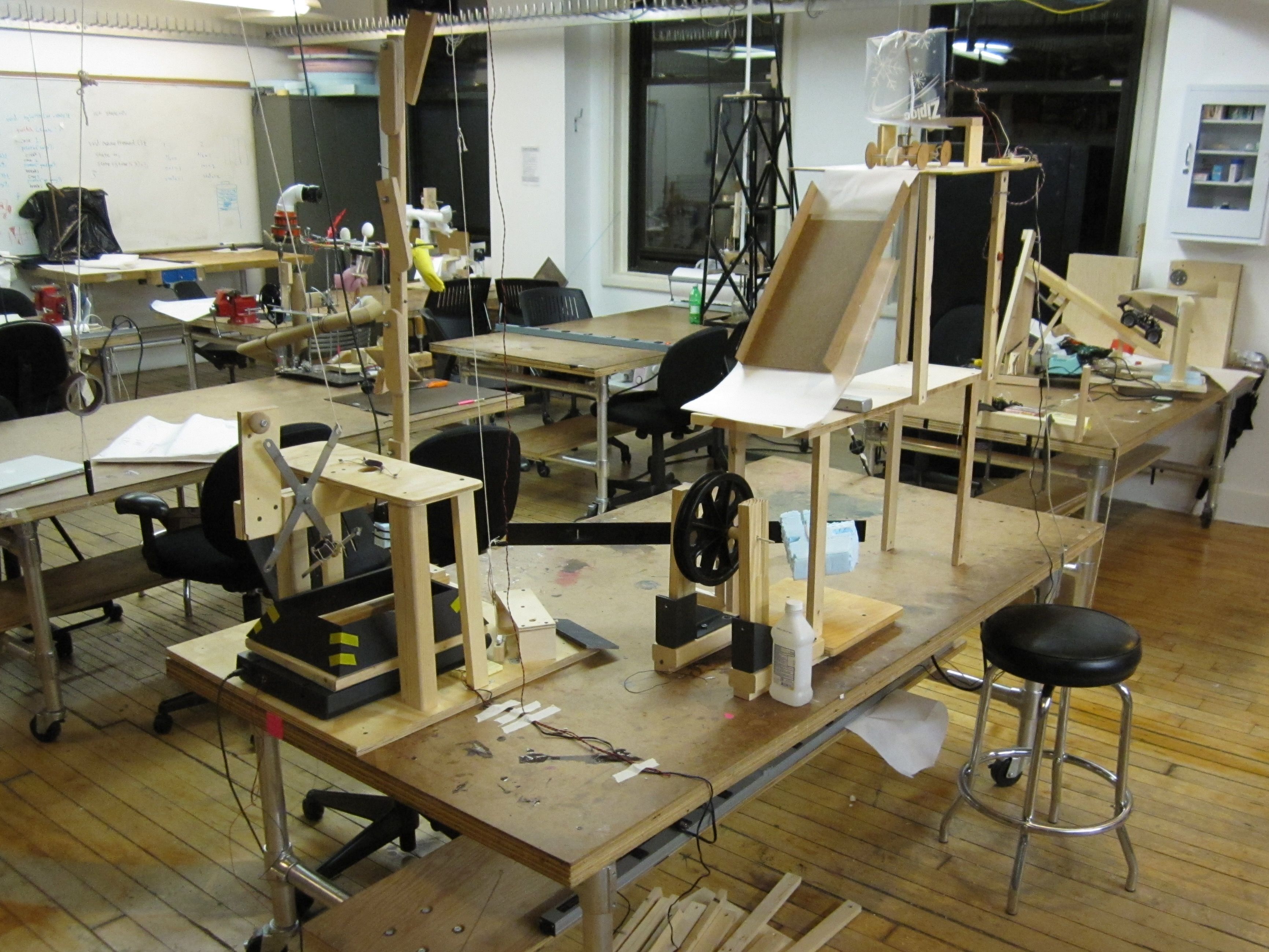 An elaborate egg-cracking Rube Goldberg machine