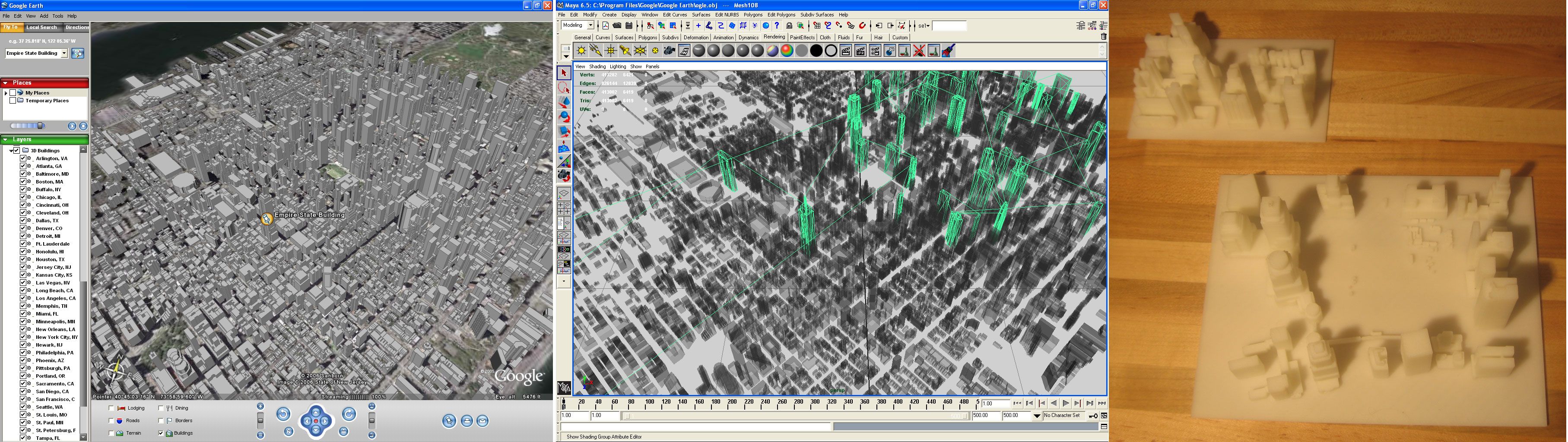 Three frame process of 3D printing models from Google Earth