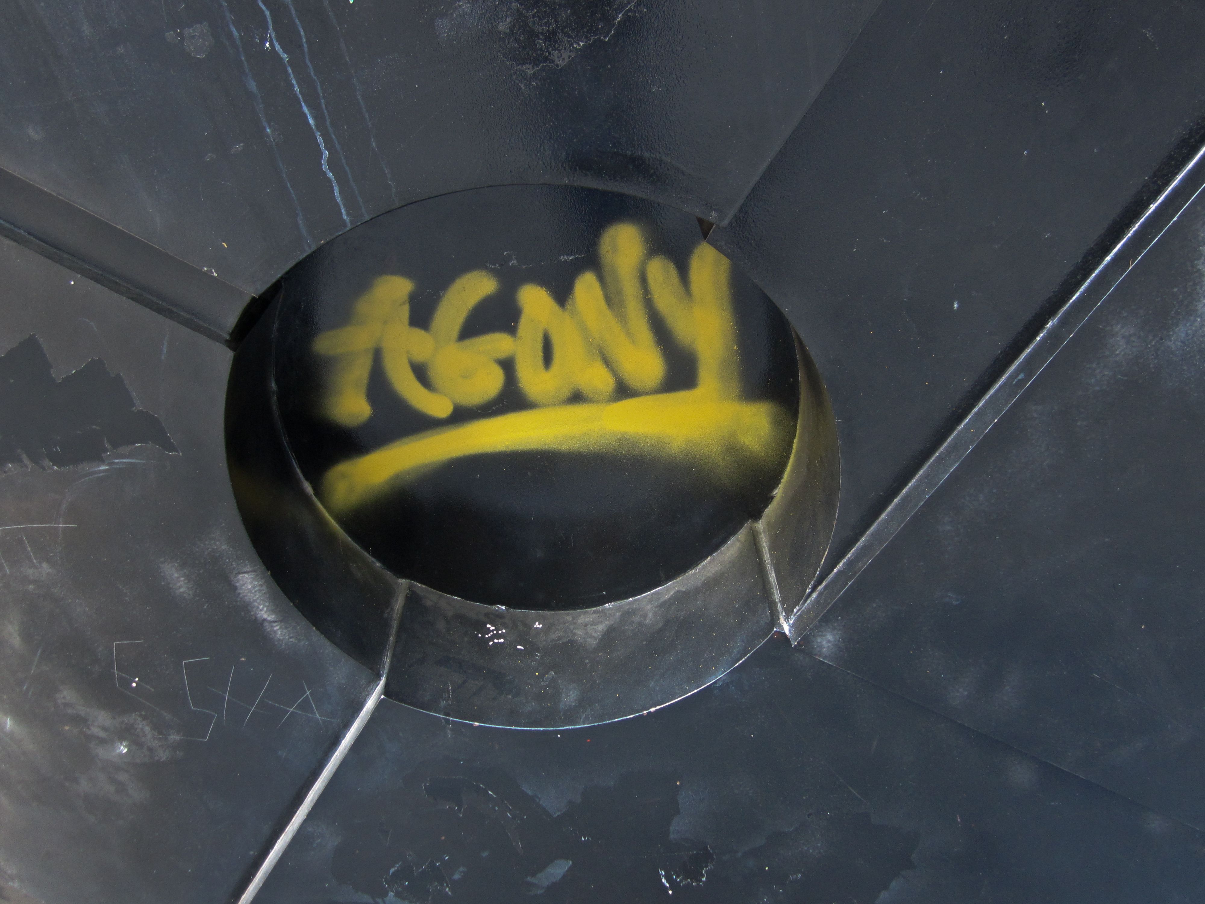 Detail of graffiti on Tony Rosenthal's Alamo sculpture