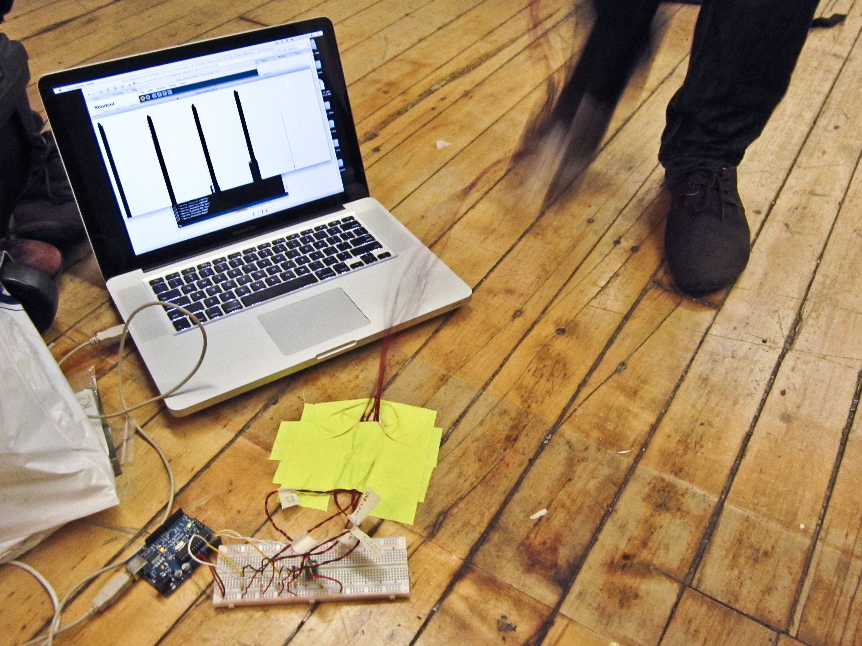 Testing sound-reactive shoes with a laptop