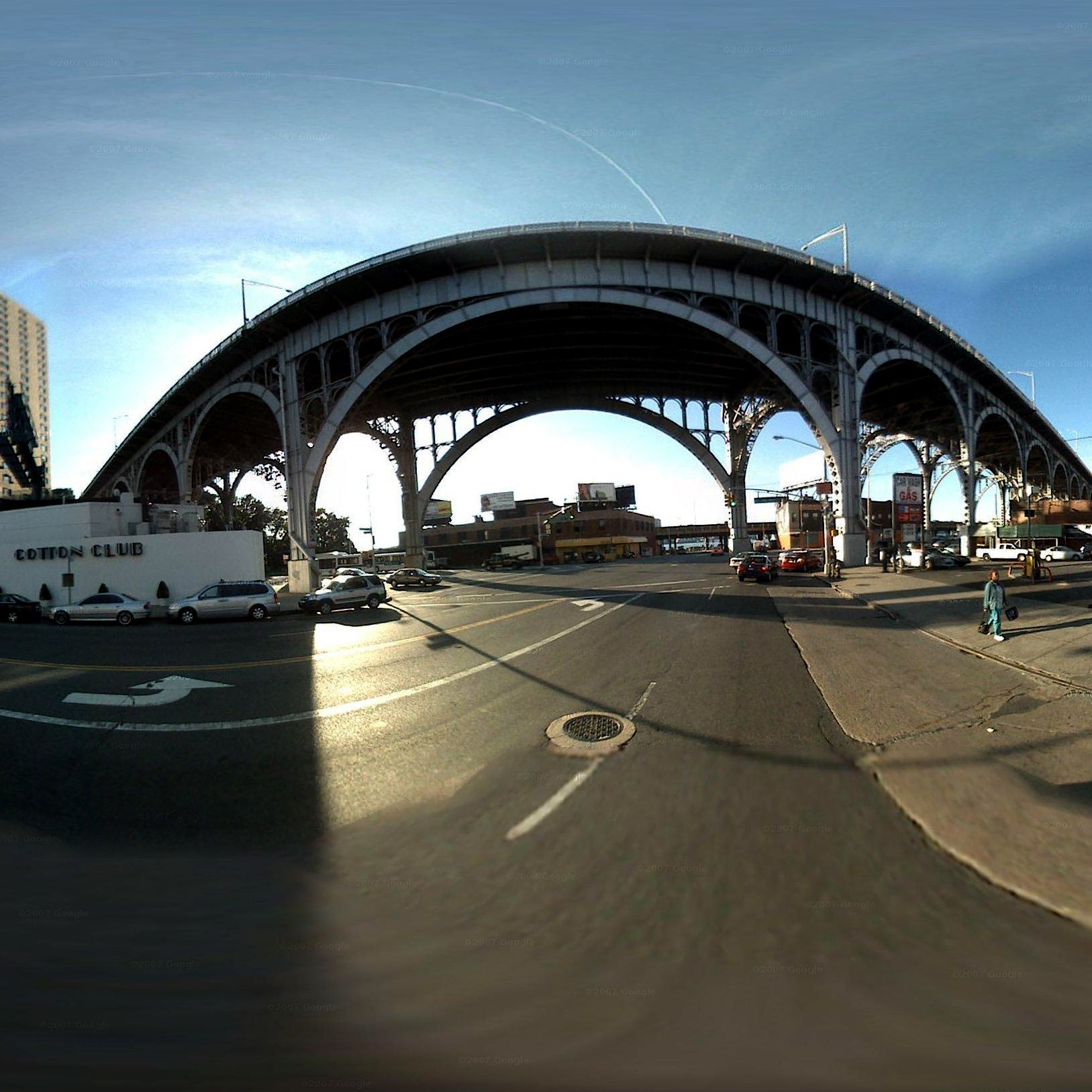 A spherically projected photograph of a city street.