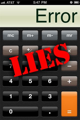 An iPhone calculator displaying the word "error" in its digits field