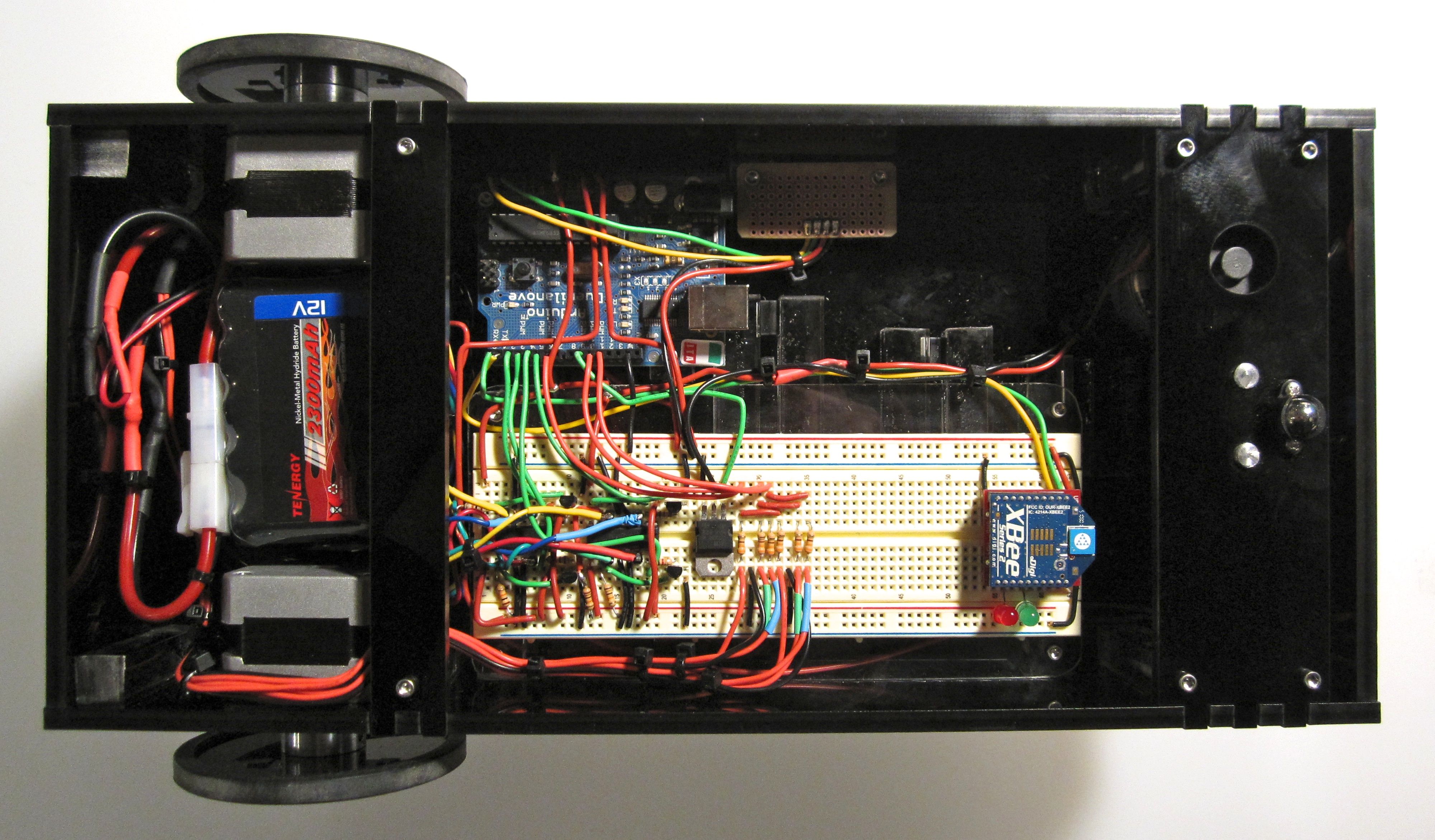 The underside of a small robot