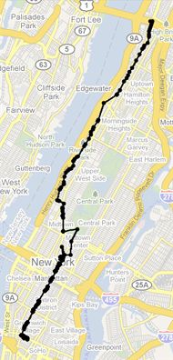 Path of GPS log overlaid on a map of Manhattan