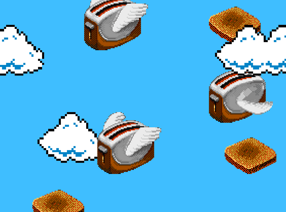 Toasters flying amidst Mario Brothers clouds