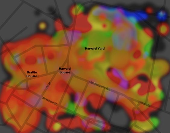 A map of Harvard with a heat-map style overlay representing prominent colors in the are