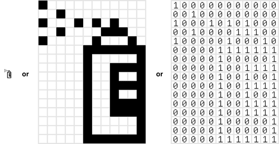 Low resolution bitmap illustration of a spray can transcribed to a binary grid