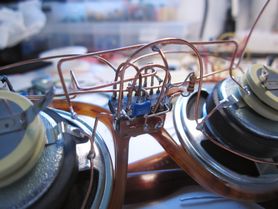 Close up of glasses-mounted volumetric circuitry on a pair of Synesthectacles
