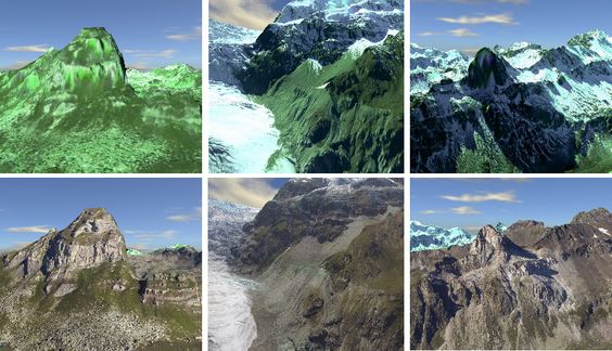 Multiple examples of 3D-rendered terrain